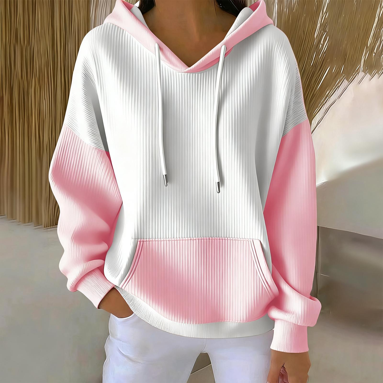 

Женское свободное и удобное худи с V-образным вырезом на кулиске, с длинными рукавами и цветными блоками S розовый