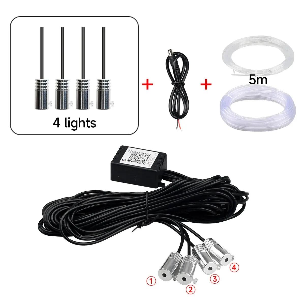 LED Car Interior Ambient Light Strip RGB Fiber Optic Atmosphere Neon Lighting Kit APP Wireless Control Auto Decorative Lamp DC 5m 4 in 1