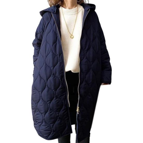 Fall Winter Women Jacket Hooded Zip-up Rhombus Texture Thin Padded Long Sleeves