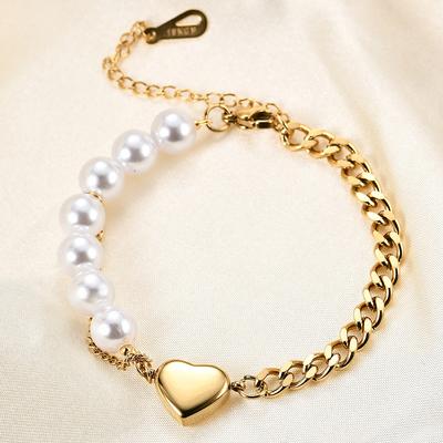 Ins Style Fresh Damen Einfaches All-Match-Titanstahl-Herz-Imitationsperlen-Armband Damen