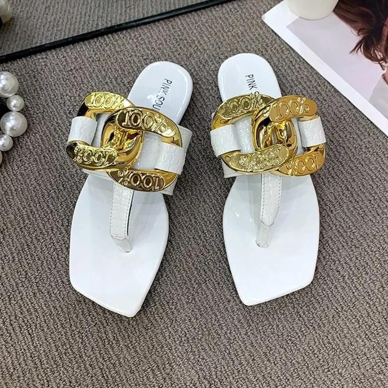 Sexy Shiny Chain Decoration Slippers Women 2026 Summer Lightweight Non-slip Flat Sandals Clip Toe Flip Flops Beach Slide Sandals