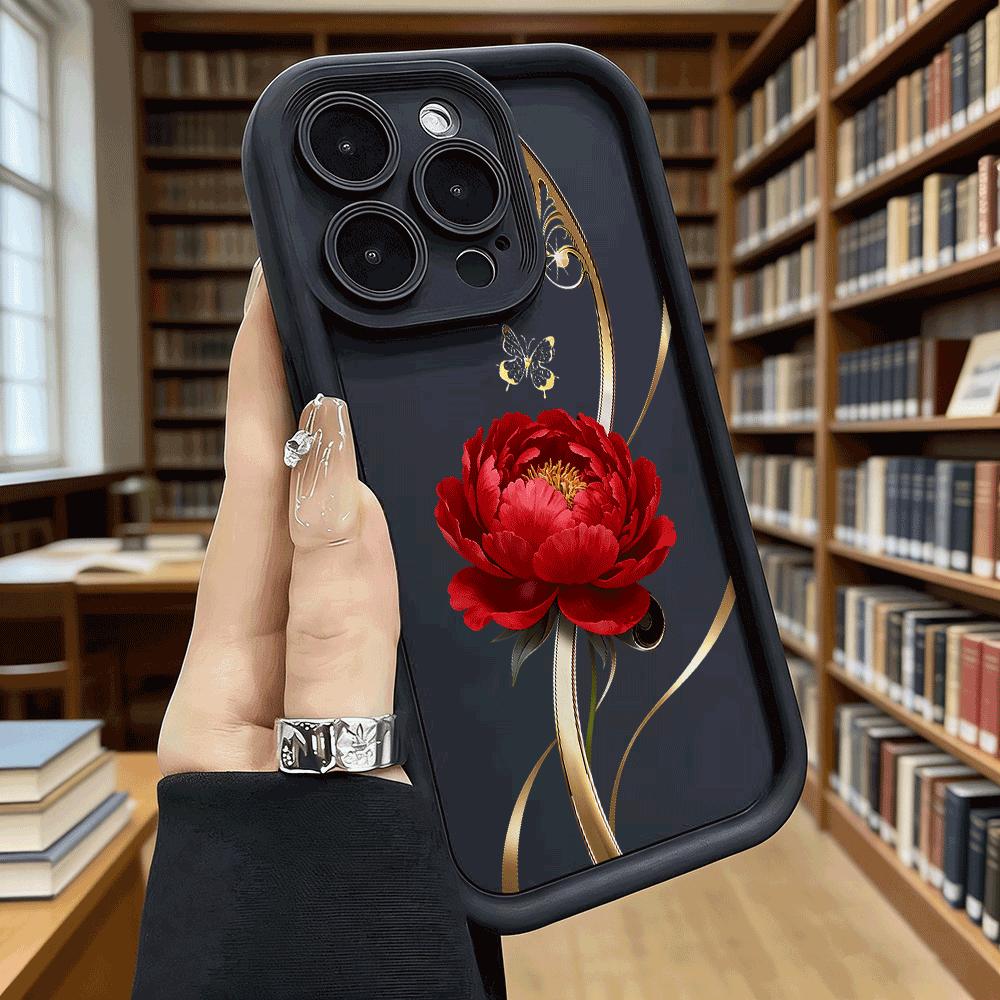 Red Peony Golden Swirls Luxury Anti-Slip TPU Phone Case For Xiaomi Redmi Note 15 14 13 12 11 10 9 Pro Full Protective Cover