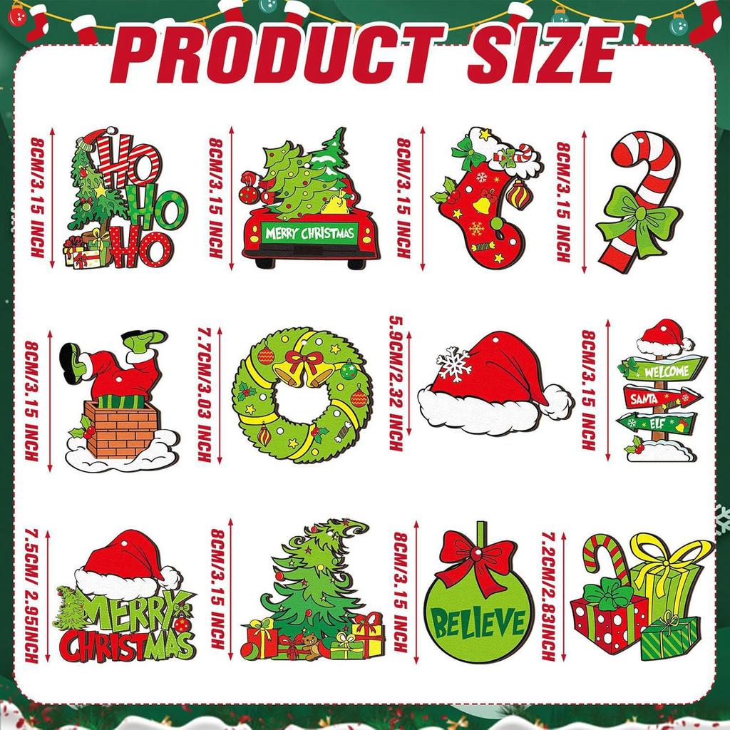 12/24PC Christmas Elf Green Hair Monster Wooden Pendant Xmas Party Christmas Tree Decor Home Festival Scene Hanging Decor Gift