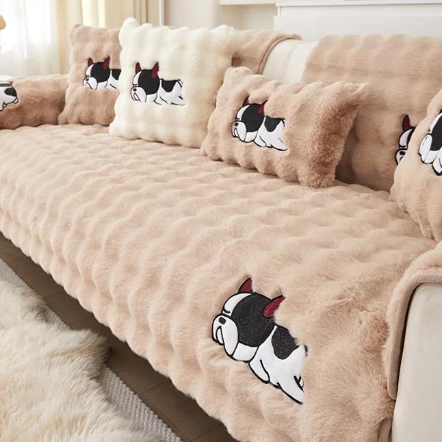 Plush Solid Color Sofa Cover Autumn Winter Thicken Sofa Cushion Anti-Slip Sofa Cover Cartoon Small Dog Embroidery Couch Cushion