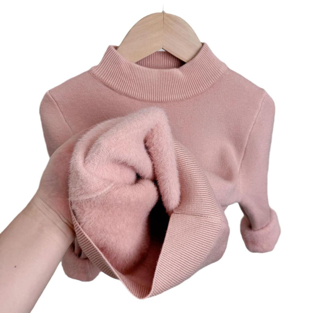 Girls' Fleece-Lined Thick Soft Base Layer Sweater - Half-High Collar for Autumn/Winter