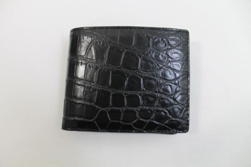 [High-end Kimono Store] [Bi-fold Wallet] Authentic Crocodile Leather Wallet, Double-Sided, Black Matte Finish, Made by Henlon