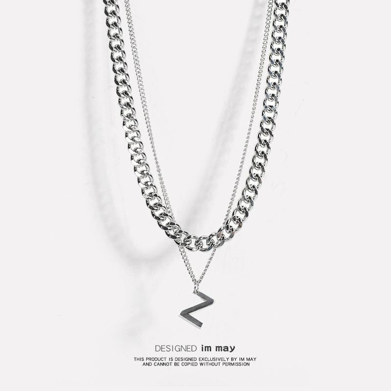 Titanium Steel Personalized Letter "W" Necklace - Double-layered and Layered with Sweater Chains. Stylish, Simple, Hip-hop, Cuban Style.