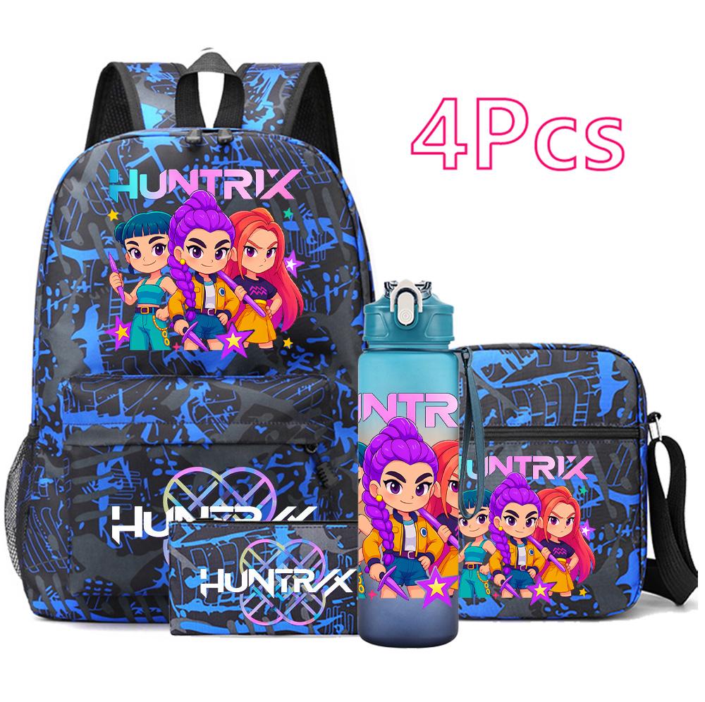 4Pcs/set Cartoon K-pop Printed Backpack Large Capacity Bookbag Shoulder Bag Case Bag with 750ml Water Bottler Boy Girl School Bag Kid Gift