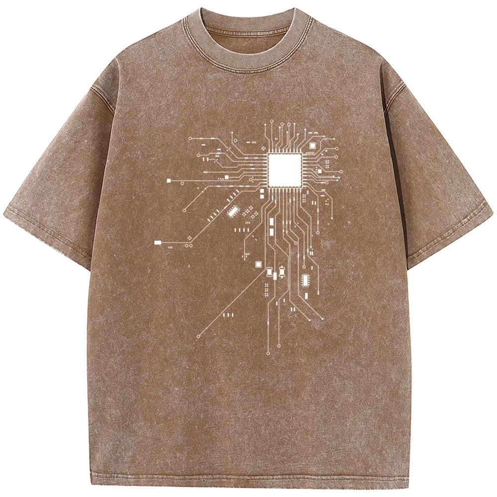 Tričko s potiskem schématu procesoru CPU Letní volné bělené tričko Bavlněné s kulatým výstřihem a krátkým rukávem