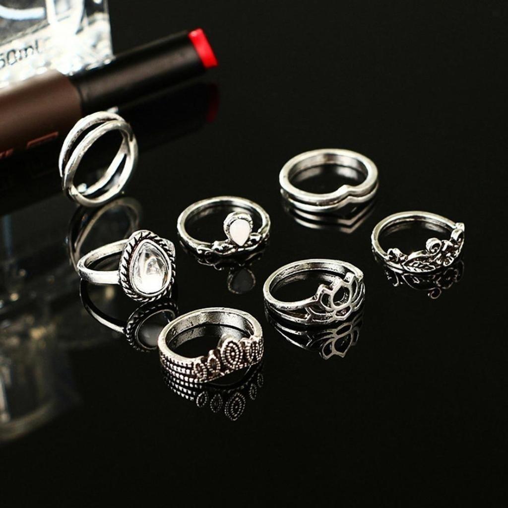 7 Pcs Vintage Women Hollow Carving Lotus Flower Waterdrop Knuckle Midi Rings Set