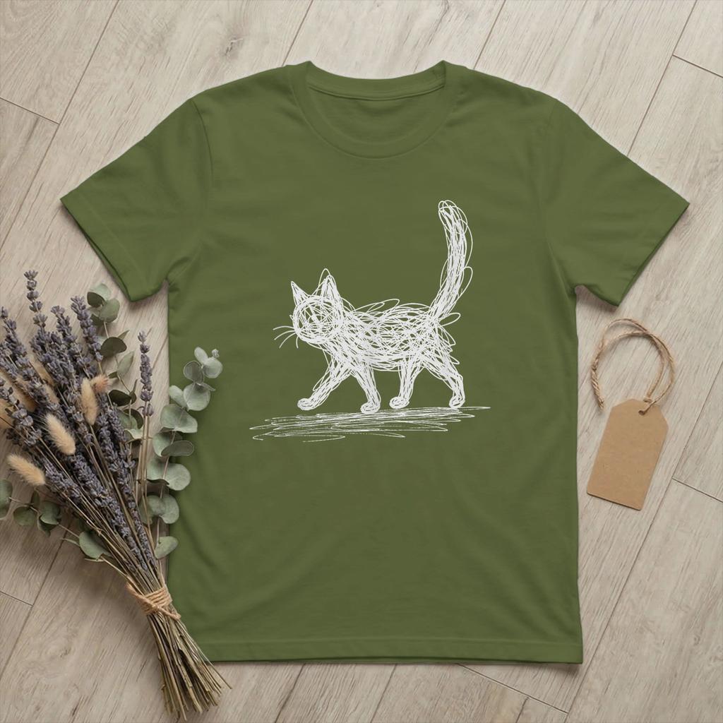 Unisex Minimalistic Art Minimalist Cat T Shirt Hand Drawn Kitten Pure Cotton Merch Funny Short Sleeve O Neck Tees Printing TShirts