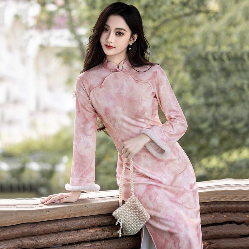 Pink velvet winter clothing national style new Chinese Suzhou long-sleeved cheongsam winter thick style improved young women's high sense