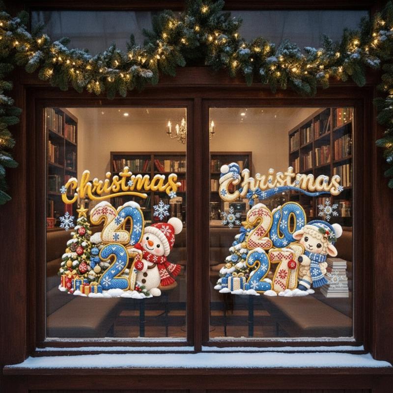 2027 Knit Sheep Window Sticker Happy New Year Stickers Cute Lamb Christmas Window Decor Home Decoration Shop Glass Xmas Ornament