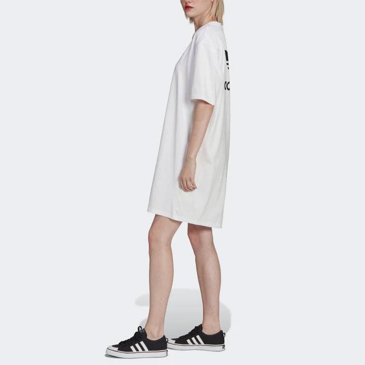 Adidas Originals Trefoil Logo Print Round Neck Pullover Short Sleeve Dress Women Dress White HC2034