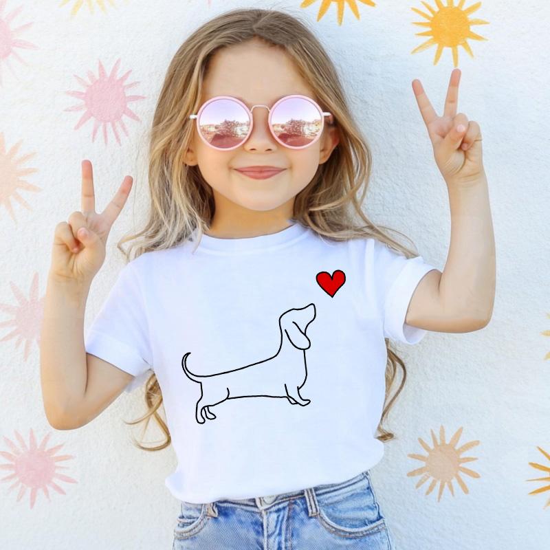 

Dachshund Teckel Cute Dog Print Tee Funny T-shirts Baby Boy Girl Tshirt Kids Boys Top Child Summer Short Sleeve White Tops 100cm
