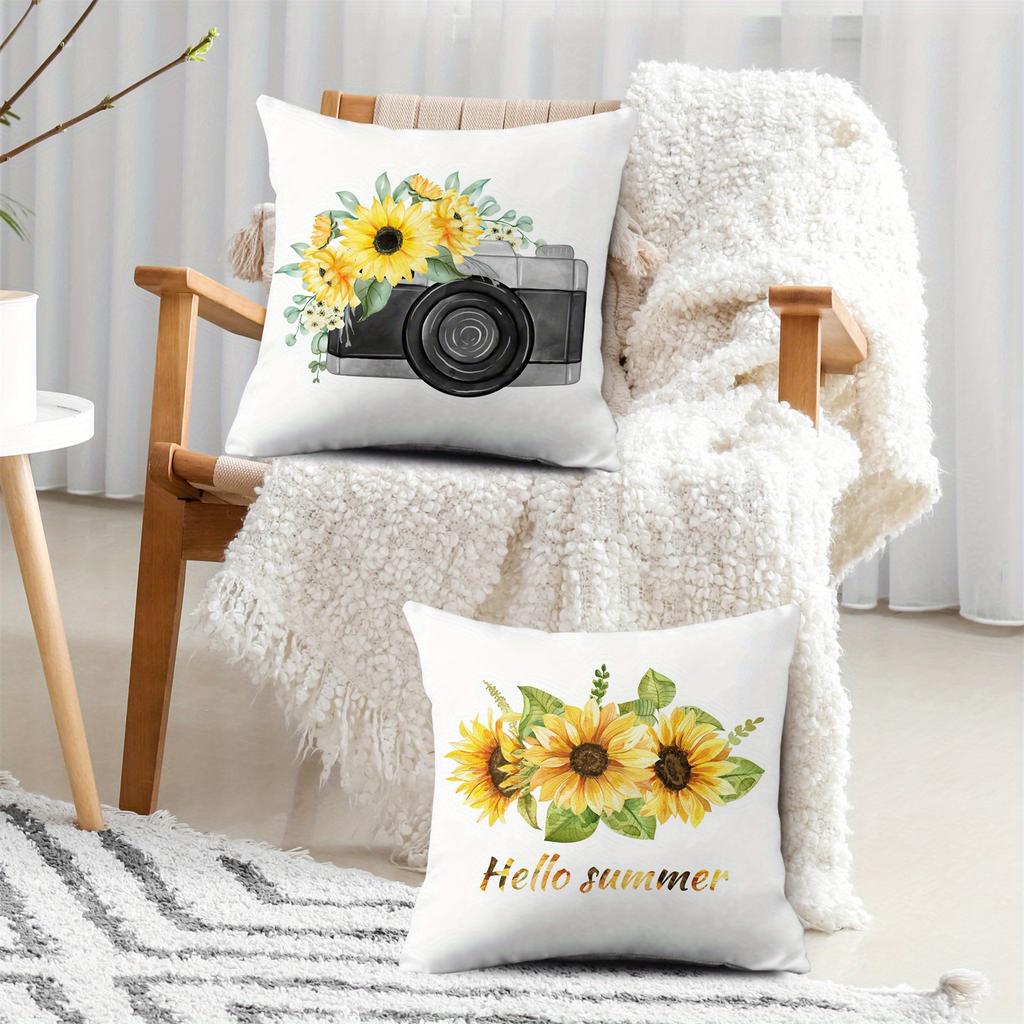 4pcs Fresh Pastoral Style Bee Sunflower Vintage Camera Throw Pillow Covers Green Pickup Truck Hello Summer Decorative Cushion Case for Bedroom Sofa