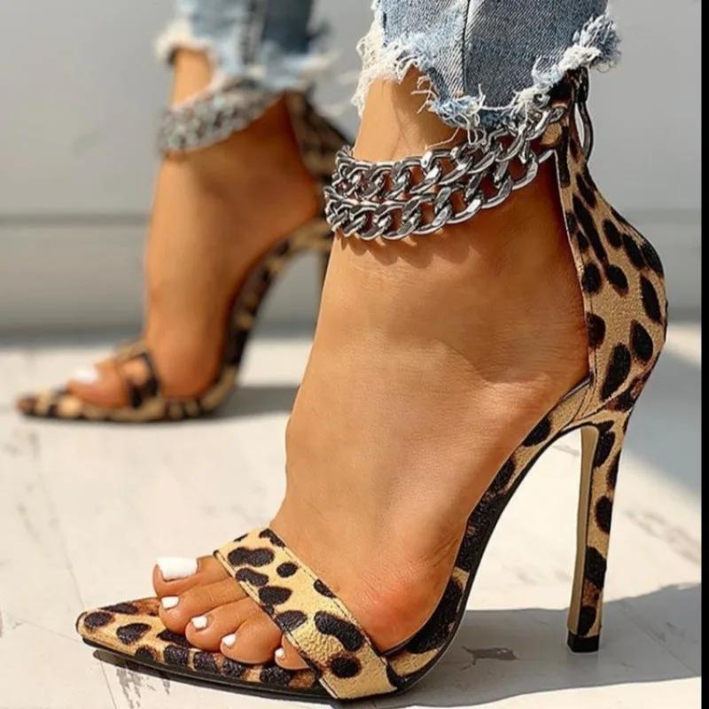 Metal Chain High Heels Women's Rome Summer Sexy Leopard Large Size Pointed Sandals Leisure Party Pumps