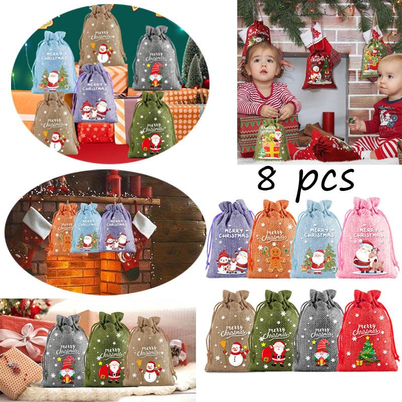 8pcs Linen Cotton Gift Candy Bags Merry Christmas Decoration 2024 Christmas New Year Packing Gift Drawstring Bag Small Gift Storage Packaging 8pcs