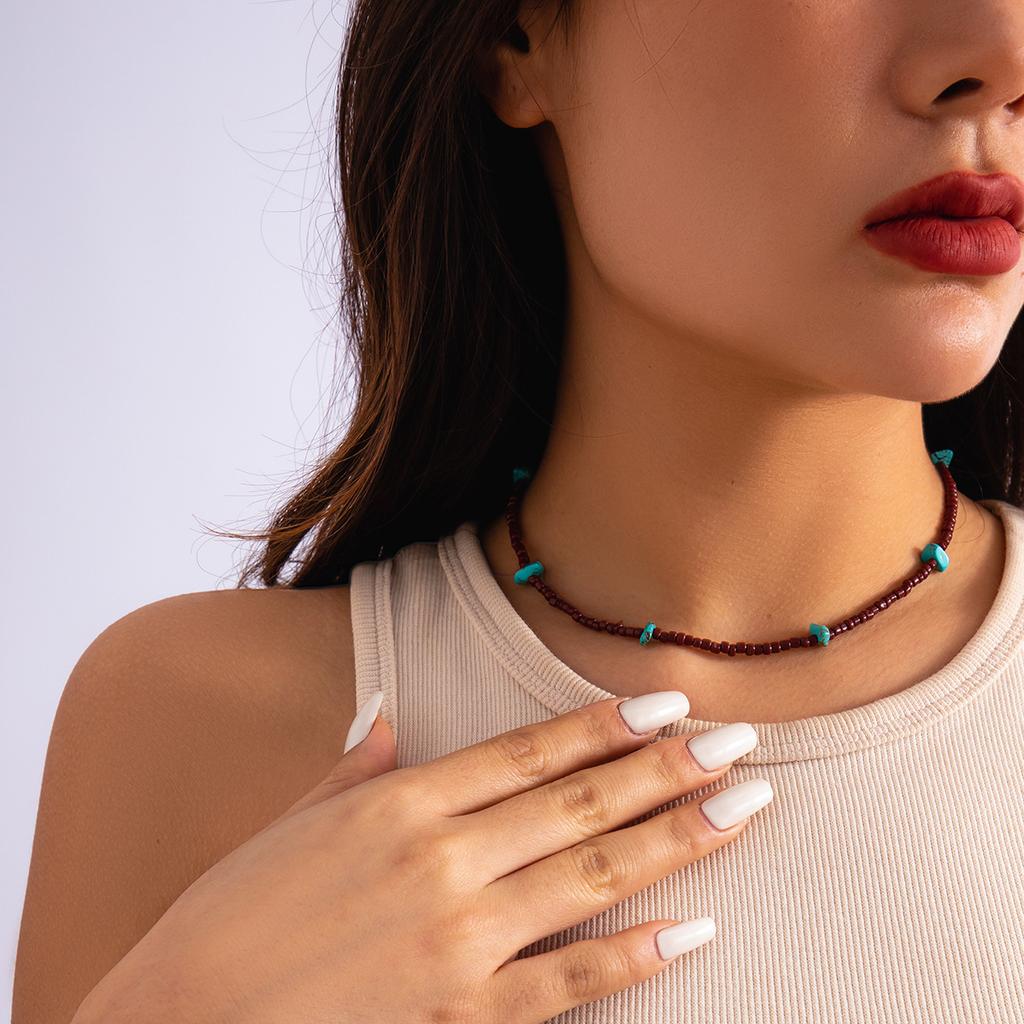 Accessories, ethnic style short versatile handmade necklaces, mixed-color rice beads, simple gravel turquoise necklaces