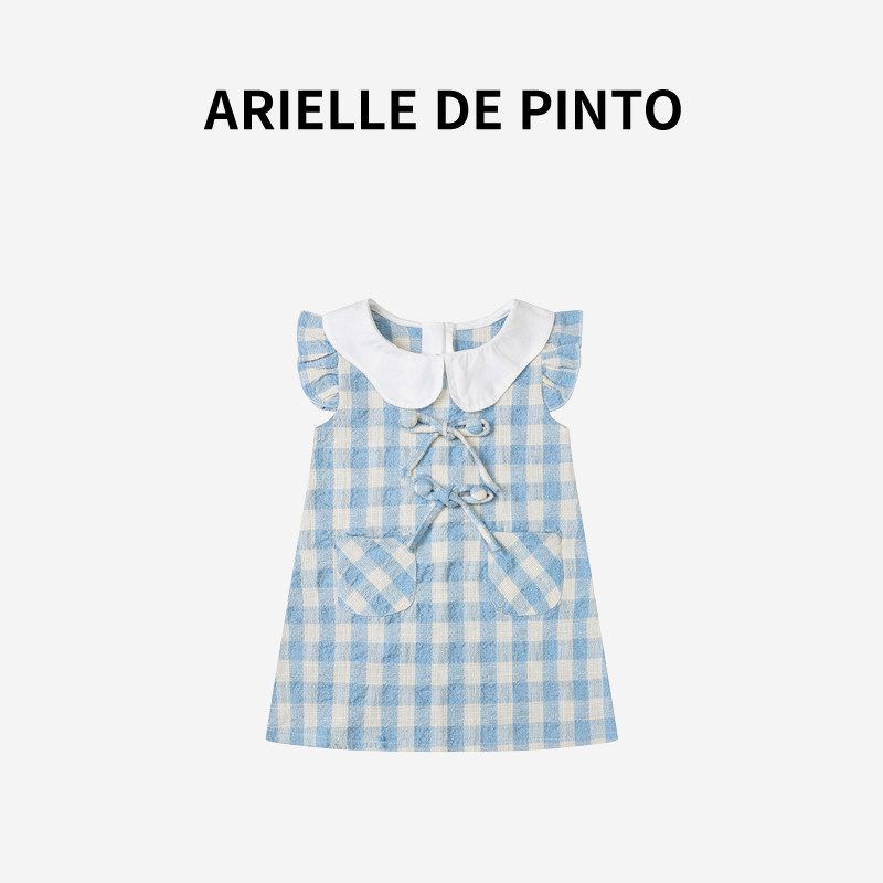 French Arielle De Pinto Girls Summer Dress in College Style Blue Plaid with Flying Sleeves and Lace Trim Blue Plaid 80