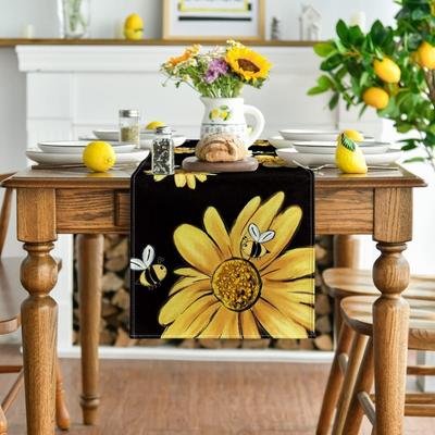 Sunflower Table Runner Black Spring Summer Flower Holiday Table Mat Kitchen Table Decoration Home Party Decoration Table Runner