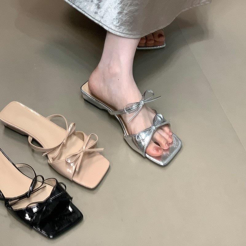 Temperament Square Head Thick Heel Sandals 2025 Summer Double Bow Fairy Style with Skirt Slippers