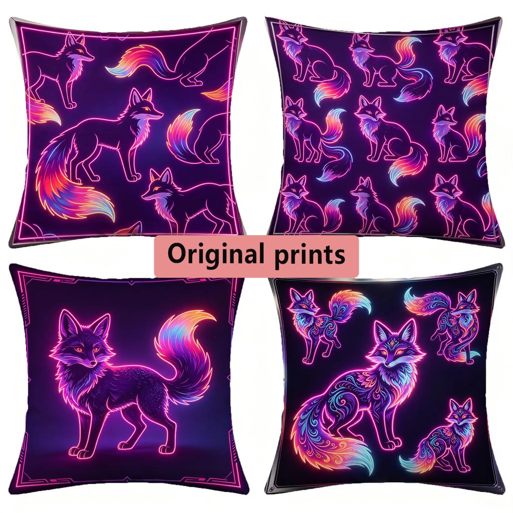 Neon Glow Mystical Fox Print Throw Pillow Covers Pattern Cushion Cover Suitable For Sofa Bedroom Car Pillow Cover