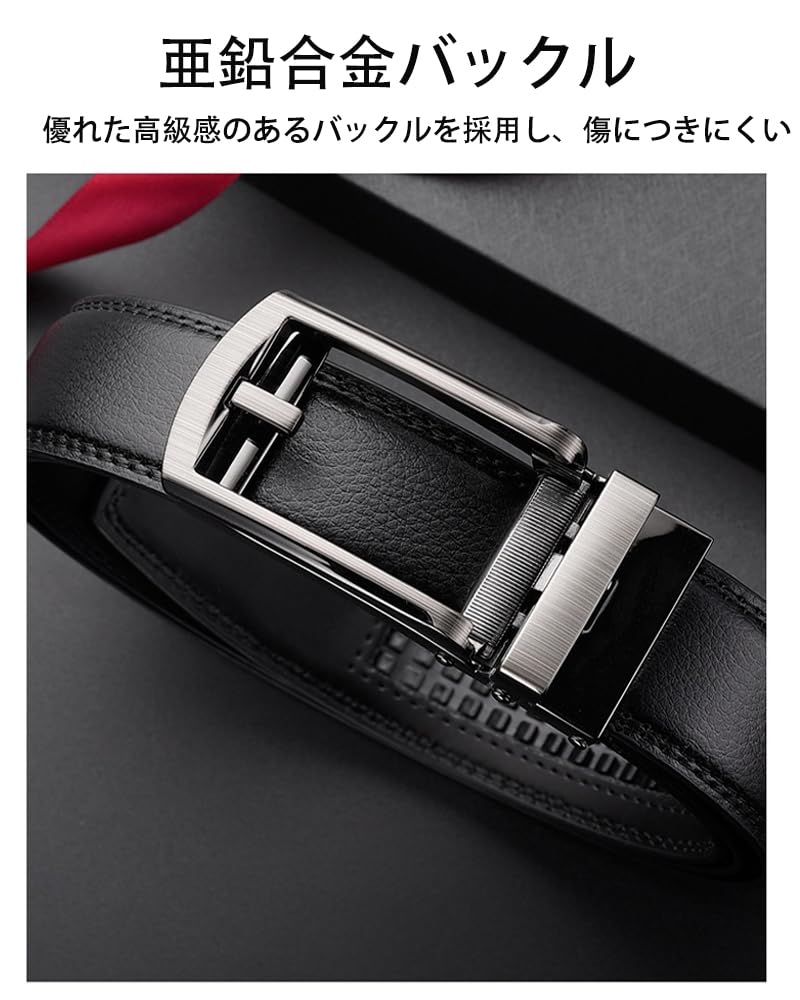 [Molitalo] Men's Belt, Automatic Buckle, Infinitely Adjustable, Genuine Leather, No Holes, Business, Suit, Work, Casual, Large Size 120cm, Gift, Black