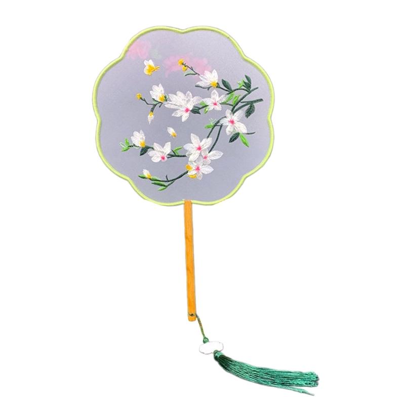 Chinese Styles Ancient Embroidery Fan Decorations Long Handle Tassels Double Side Hand Fan for Womens Girl Performances