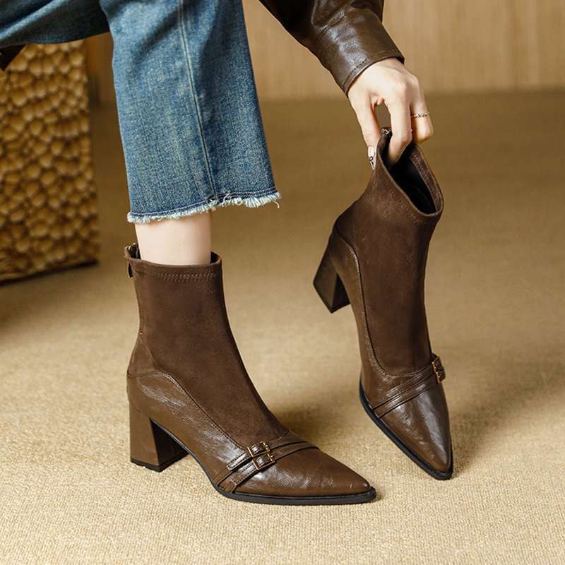 

Fashion boots women s thick heel 2025 autumn and winter new Korean version rear zipper elastic thin boots pointed high heel short boots women 40