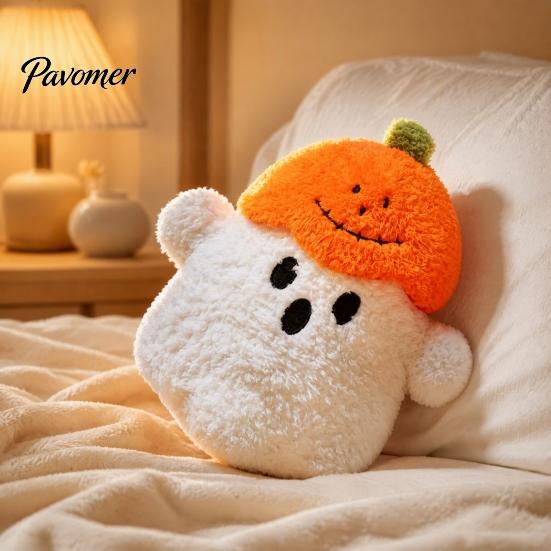 Portable Small Plush Companion Halloween Pumpkin Ghost Pillow, Cute Soft Stuffed Animal Sofa Cushion Orange And White for Living Room, Spooky Huggable