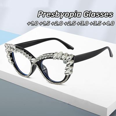 2025 Lunettes de lecture œil de chat personnalisées Tendance Incrustées de diamants Lunettes pour presbytie Femmes Anti-lumière bleue Lunettes pour presbytie