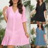 Women's V Neck Ruffled Buttons Beach Smock Cardigan Casual Dress