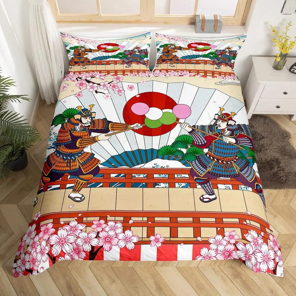 Japanese Fuji Mountain Duvet Cover Set Crane Bedding Set Watercolor Nature Tree Branches Comforter Cover Traditional Quilt Cover