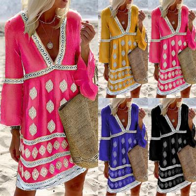 Women's Fashion Casual Printed V-Neck Mid Length Three-quarter Sleeve Dress