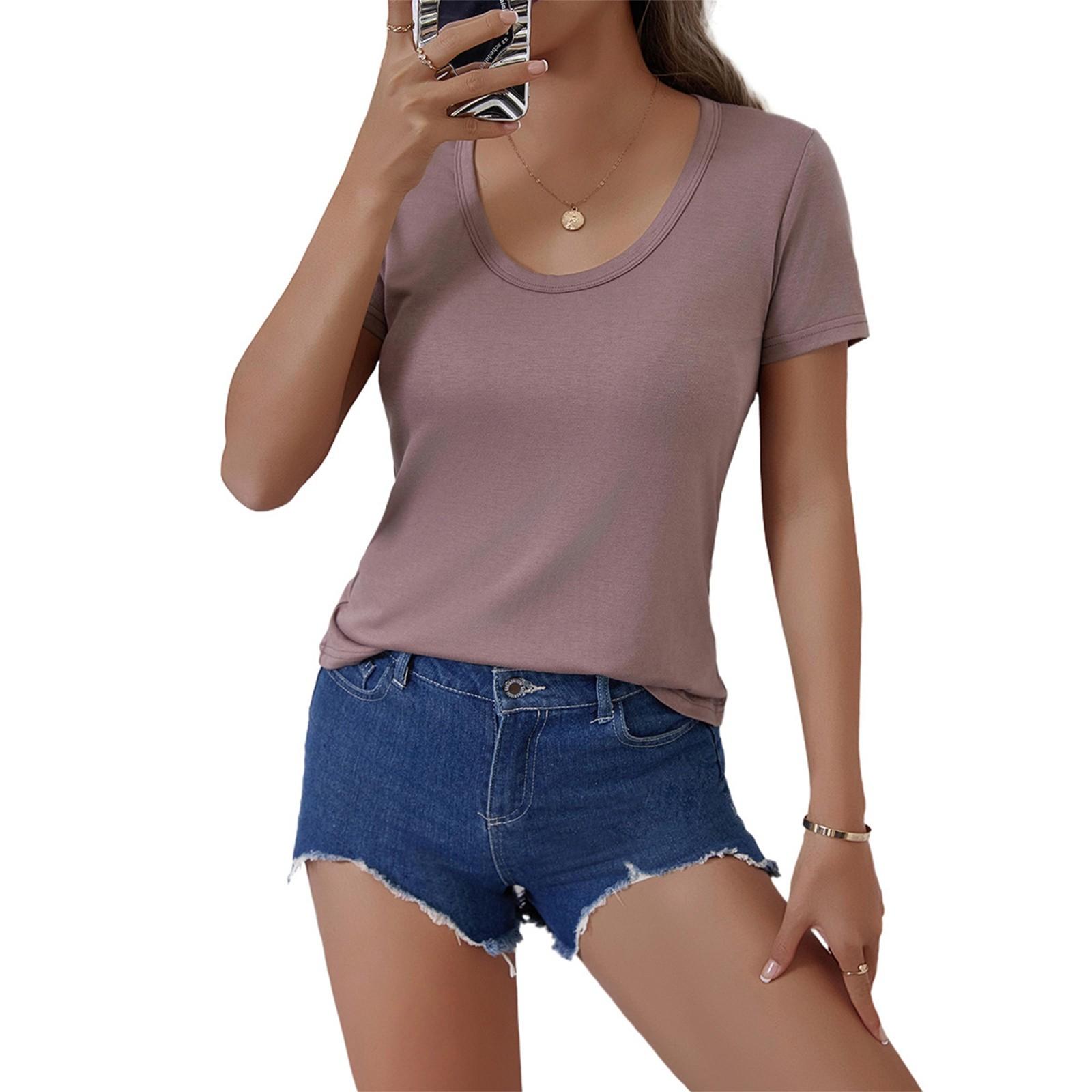 

Женская мода однотонный U-образный вырез с короткими рукавами пуловер повседневная футболка топ XXL