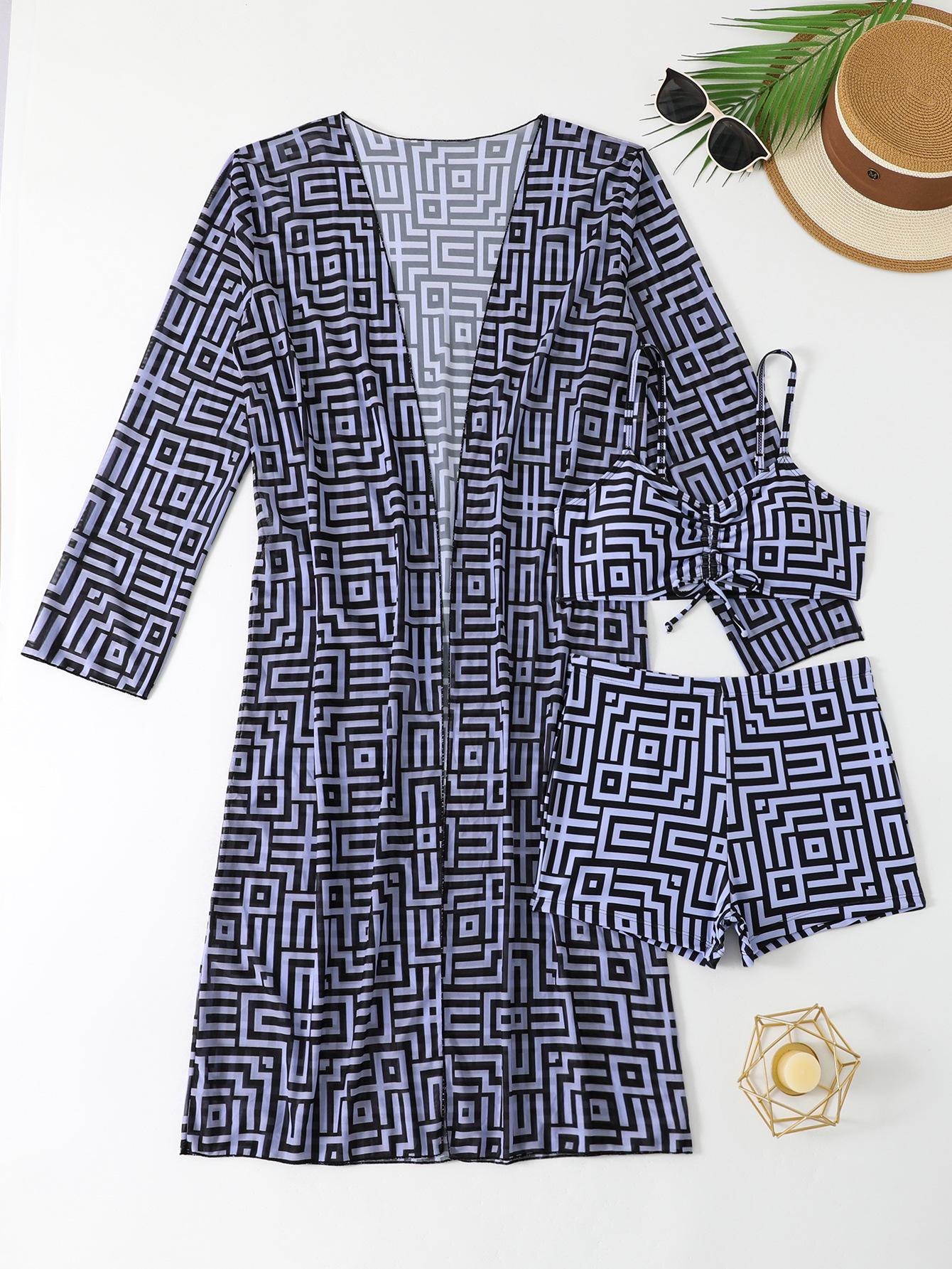 

European and American High-Waisted Long-Sleeve Bikini Cover-Up Three-Piece Swimsuit Set for Women L синій