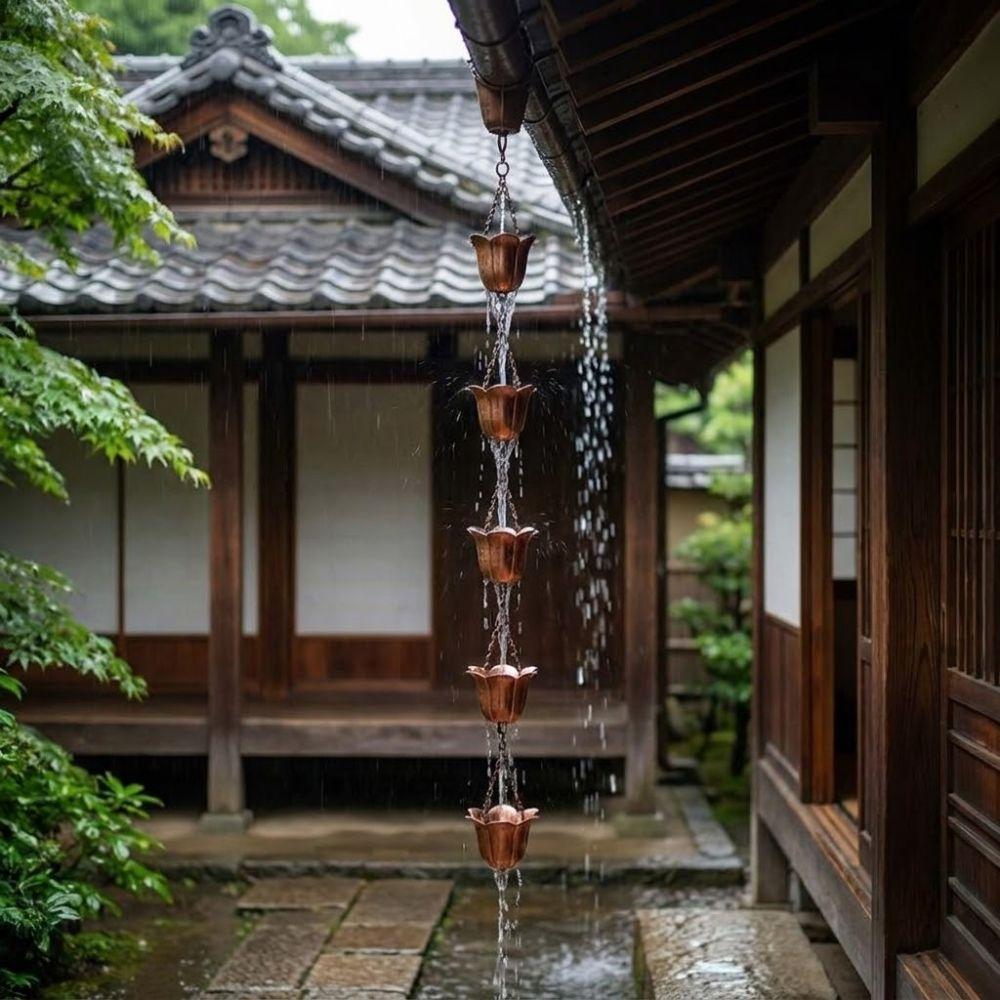 Japansk Stil Metall Tulipankjede for Regnvann Hengende 7 Kopper Regnkjede for Takrenner Blomsterformet Jernkunst Regnvannavlederkjede