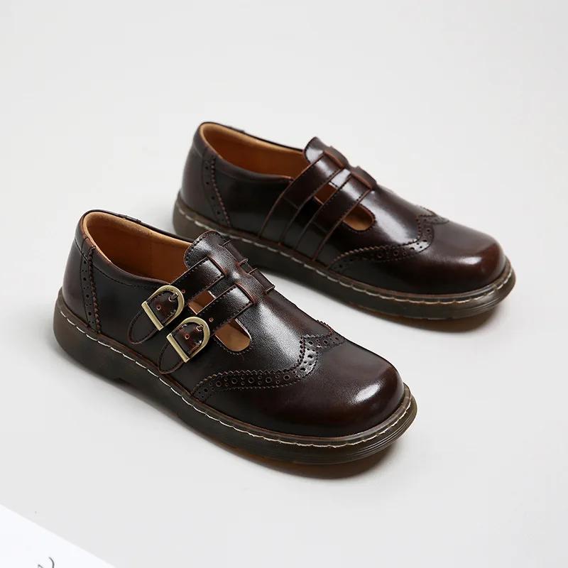 

Модные туфли Мэри Джейн, летние, тонкие, с японской двойной пряжкой, 2024, новые, с низким вырезом, с круглым носком, маленькие кожаные туфли для женщин 40 коричневый