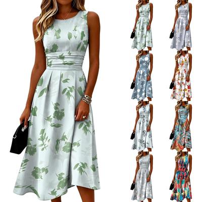 Sleeveless Casual Dress for Women Round Neck Midi Length Lightweight Summer Dress with Tropical Leaf Print Pattern