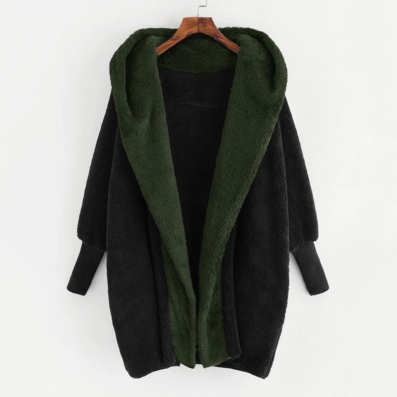 New Women's Color Blocked Double-sided Velvet Hooded Loose Cardigan Jacket