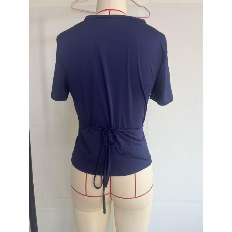 Women V Neck Wrap Front Drawstring Side Short Sleeve Slim Fit Casual T Shirt Tops