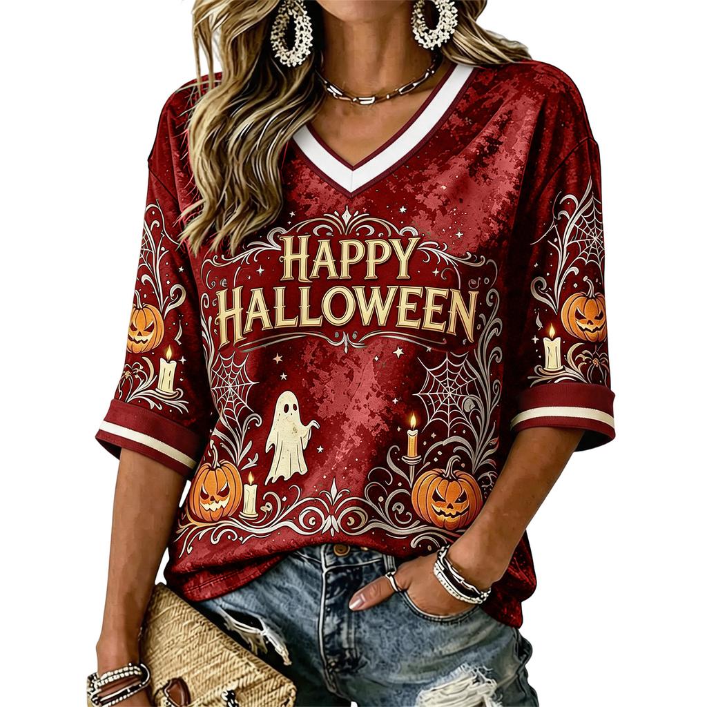 Women's Casual Halloween Printed V-Neck T-Shirt for Festive Occasions and Everyday Wear