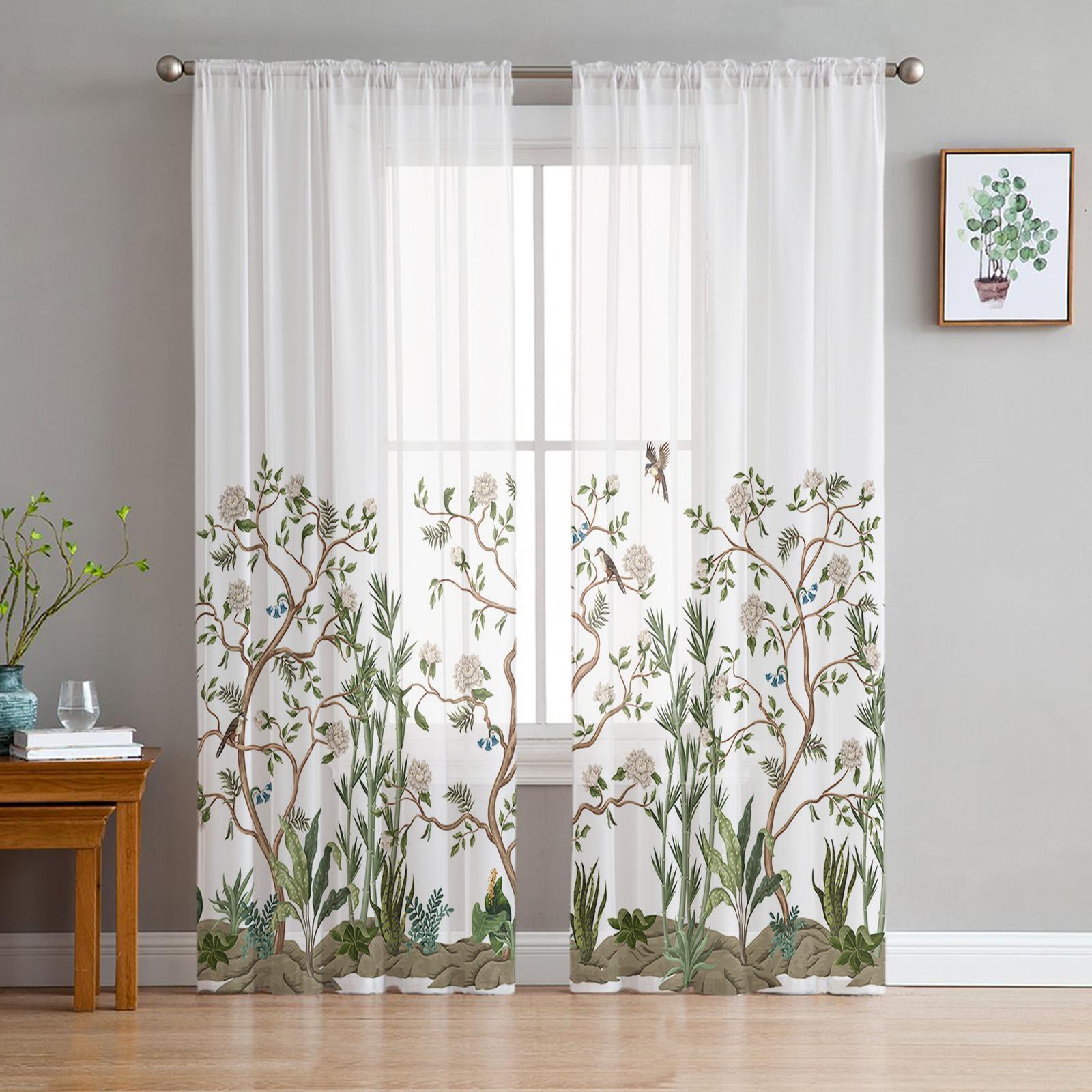 

White Flower Plant Bird Sheer Curtains for Living Room Decoration Window Curtains for Kitchen Tulle Voile Organza Curtains (As shown-5873)-W135 x H115cm x1