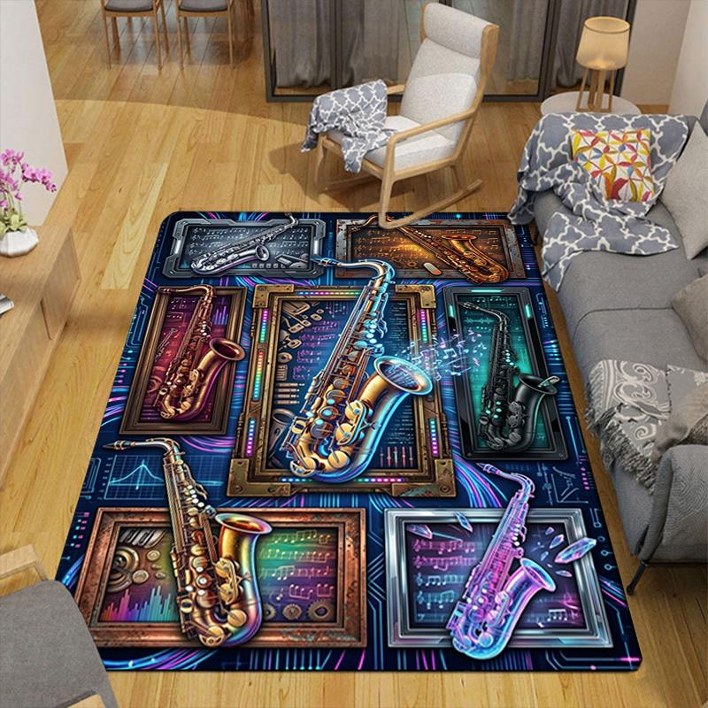 Saxophone Frames Notes Pattern Rug Floor Mat for Living Room or Bedroom Soft and Comfortable Carpet a Gift for Birthday and Holiday.