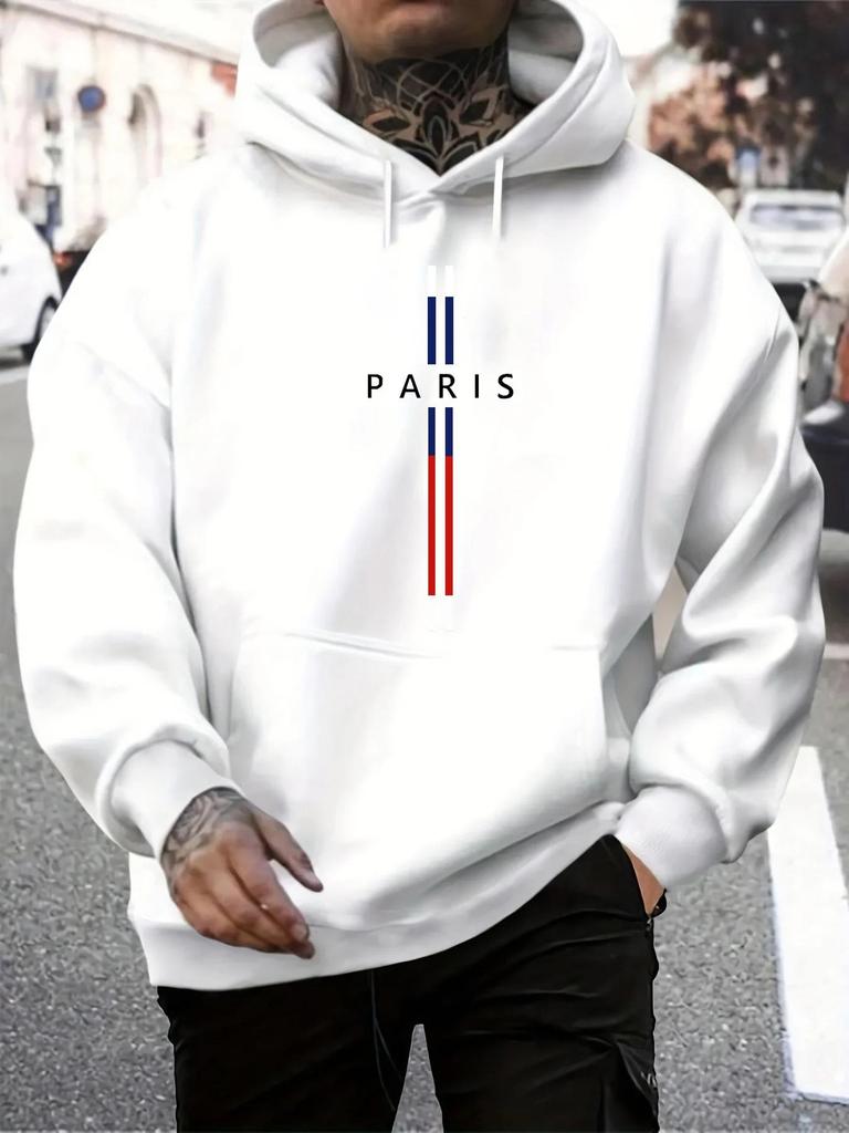 Men's Paris Print Long Sleeve Hooded Sweatshirt - Casual Autumn/Winter Fashion Pullover