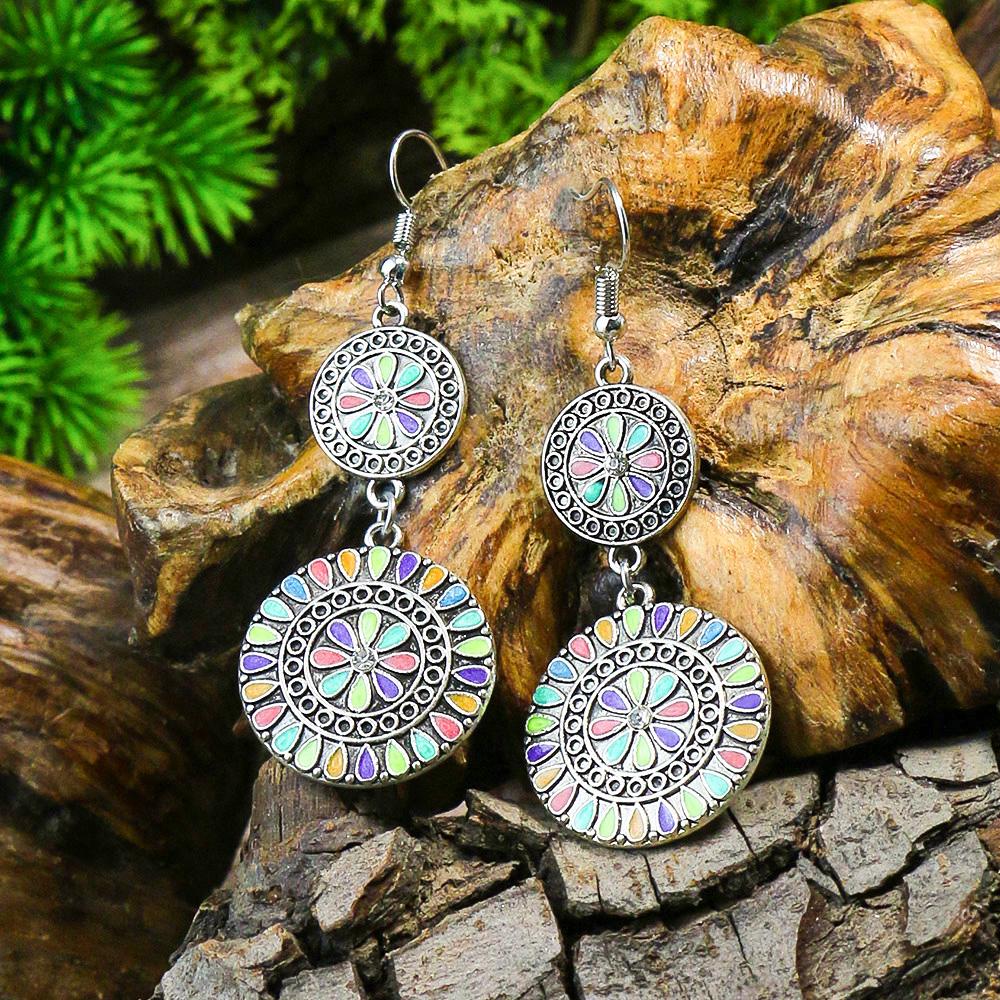 Bohemian Fashion Earrings Alloy Oil Drop Vintage Geometric Round Turquoise Inlaid Exquisite Dot Zircon Ear Zircon Wholesale