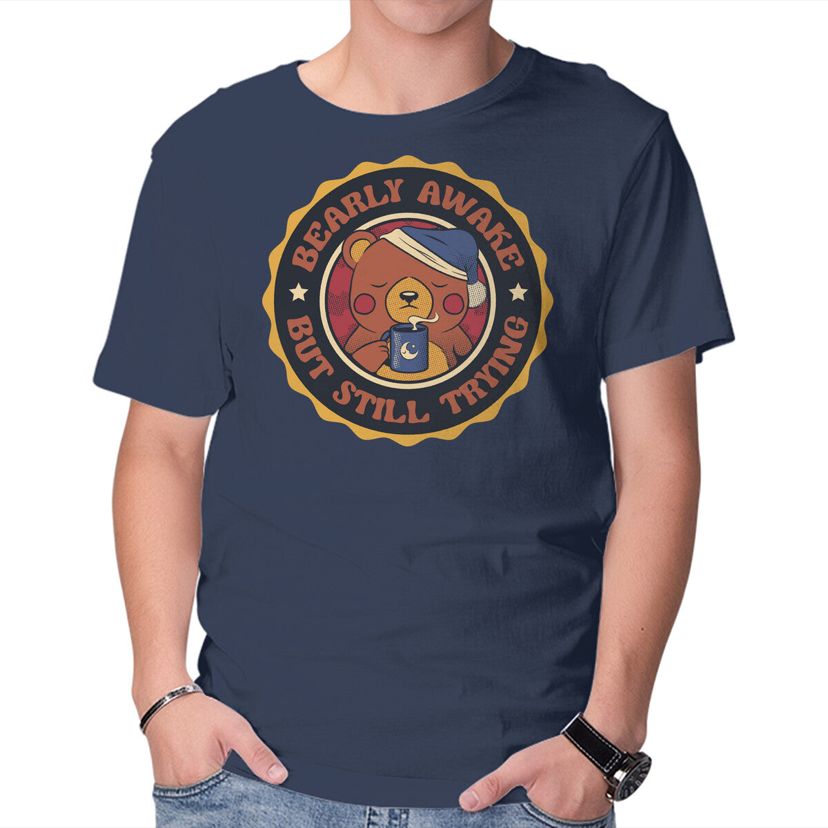 Unisex Crew Neck T-Shirt Bearly Awake But Still Trying Bear Graphic Short Sleeve Casual Tee M
