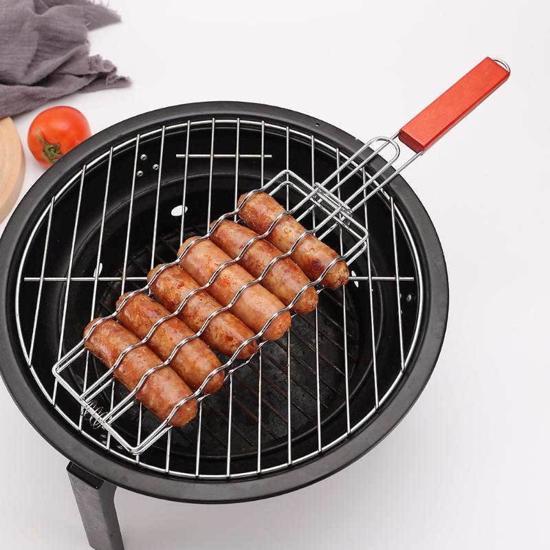 Outdoor Wooden Handle Hot Dog Barbecue Clip, Non Stick Ham Sausage Barbecue Net, Multifunctional Camping BBQ Tool