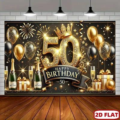 2D Gratulerer med 50-årsdagen Fotobakgrunn, Svart Gull Ballong & Fyrverkeri Temafest Banner